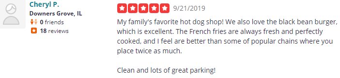 My family's favorite hot dog shop! We also love the black bean burger, which is excellent. The french fries are always fressh and perfectly cooked, and I feel aare better than some of the popular chains where you pay twice as much. Clean and lots of great parking!
