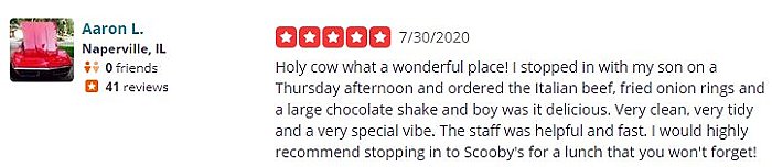 Holy cow what a wonderful place! I stopped in with my son on a Thursday afternoon and ordered the Italian beef, fried onion rings and a large chocolate shake and boy was it delicious. Very clean, very tidy and a very special vibe.